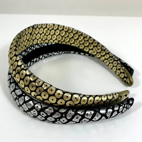 TWO Abstract Patterned Puffy Headband Metallic Gold/Black & Silver/Black - Picture 2 of 3
